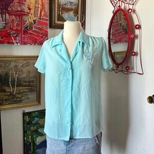 de min blue sheer button up floral embroidered shirt